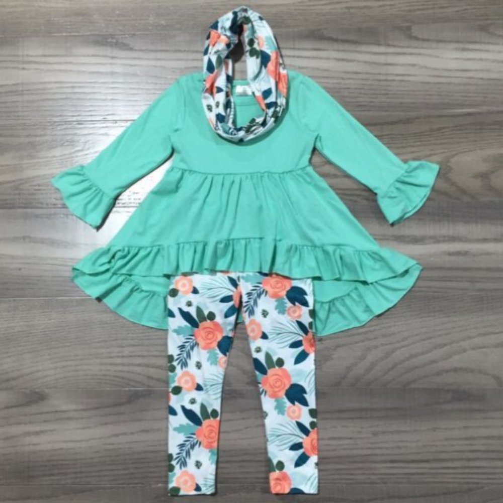 Boutique Turquoise Tunic Floral Leggings & Scarf Girls Outfit Set